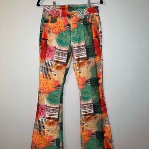 Flared floral and city printed high waisted pants